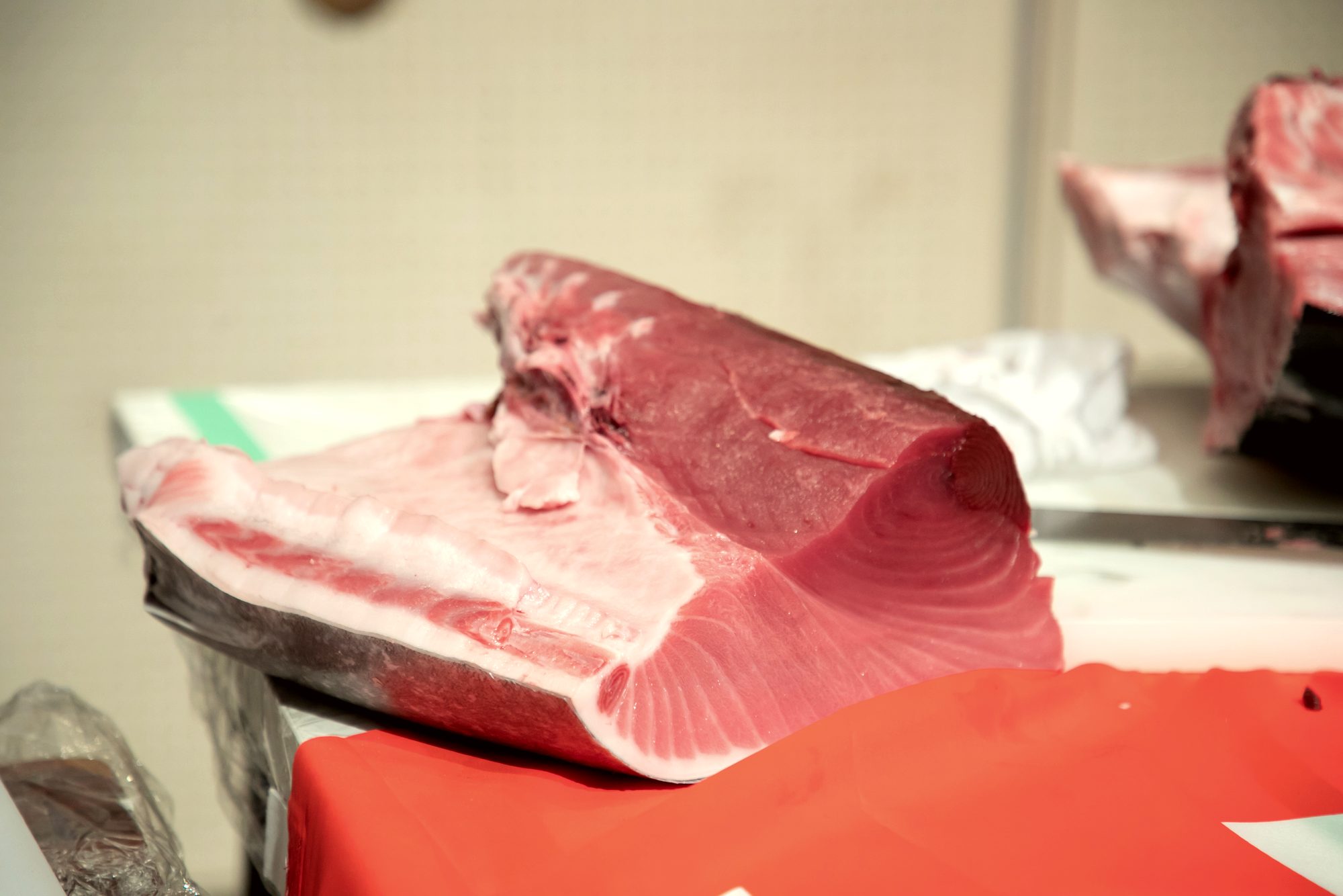 Freshly cut blocks of tuna resting on the cutting board